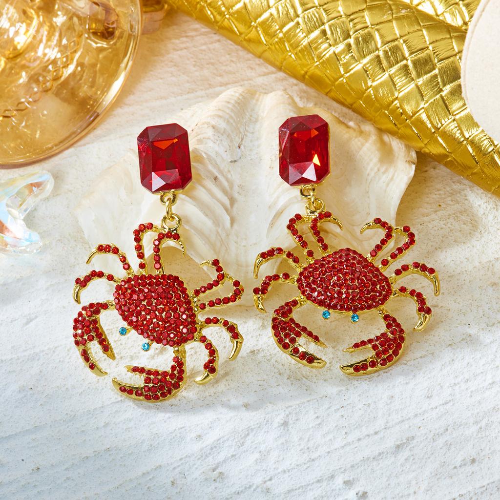 Summer Full Rhinestone Crab Earrings for Women Red Crystal Zircon Cute Sea Animal Drop Earring Beach Vacation Statement Zircon