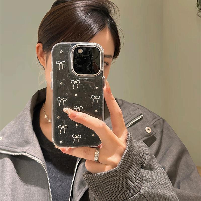 Корея Блестящий 3D Серебряный Бант Бусины Чехол для Телефона Для iPhone 16 15 14 13 12 11 17 Pro Max 7 8 Plus X Эпоксидный Чехол Девочка Прозрачная Крышка