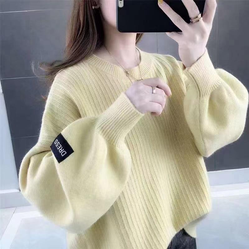 Белый мохеровый утепленный свитер с воротником на осень-зиму, милый модный повседневный однотонный свитер с рукавами-фонариками