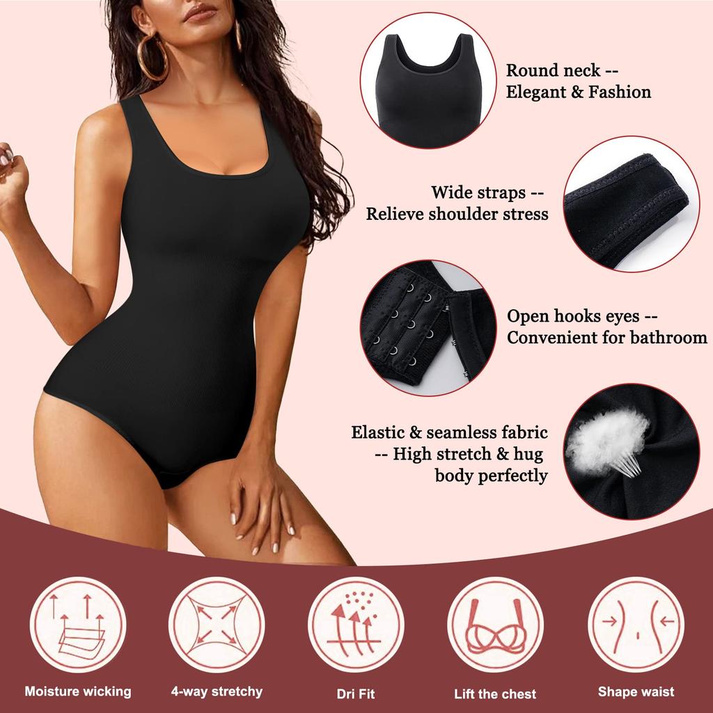 Women Compression Shapewear Bodysuit Tummy Control Leotard Slimming Body Shaper Waist Trainer Romper Scoop Neck Tank Top Jumpsuits Vest