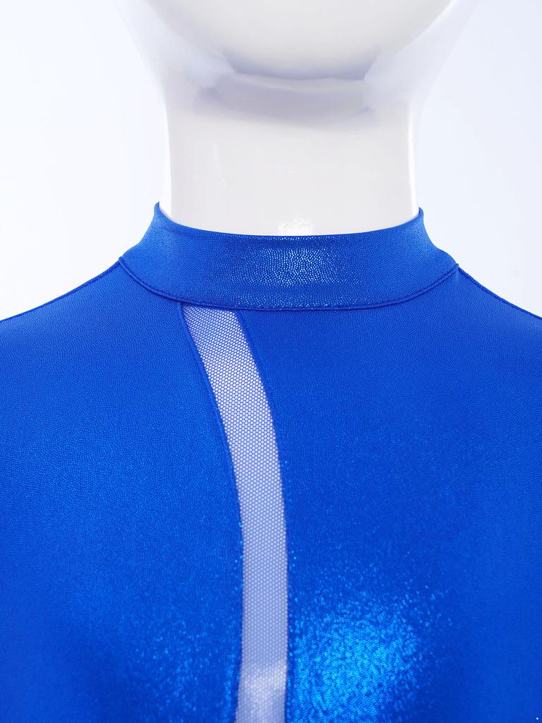 Костюм для гимнастических выступлений для девочек, комбинезон с широкими штанинами, из прозрачной сетки в стиле пэчворк, с длинными металлизированными рукавами