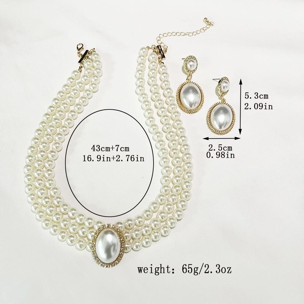 Elegant Pearl Necklace Earrings Set Multi-Layers Wedding Choker Necklace Collarbone Chain Gifts
