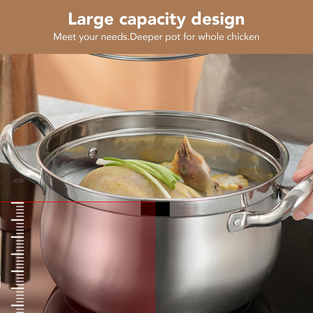 Stainless Steel Stock Pot 24cm Stockpot 201 Stainless Steel Spill Proof Soup Pot with  Handle Lid Glass for Kitchen Cookware