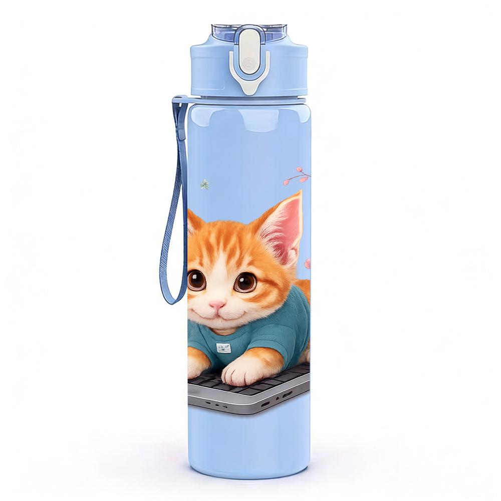 1PC Floral Surrounded Kitten 750ml Color Plastic Sports Water Bottle Leakproof Flip Straw Lid For Sports Office Home Use