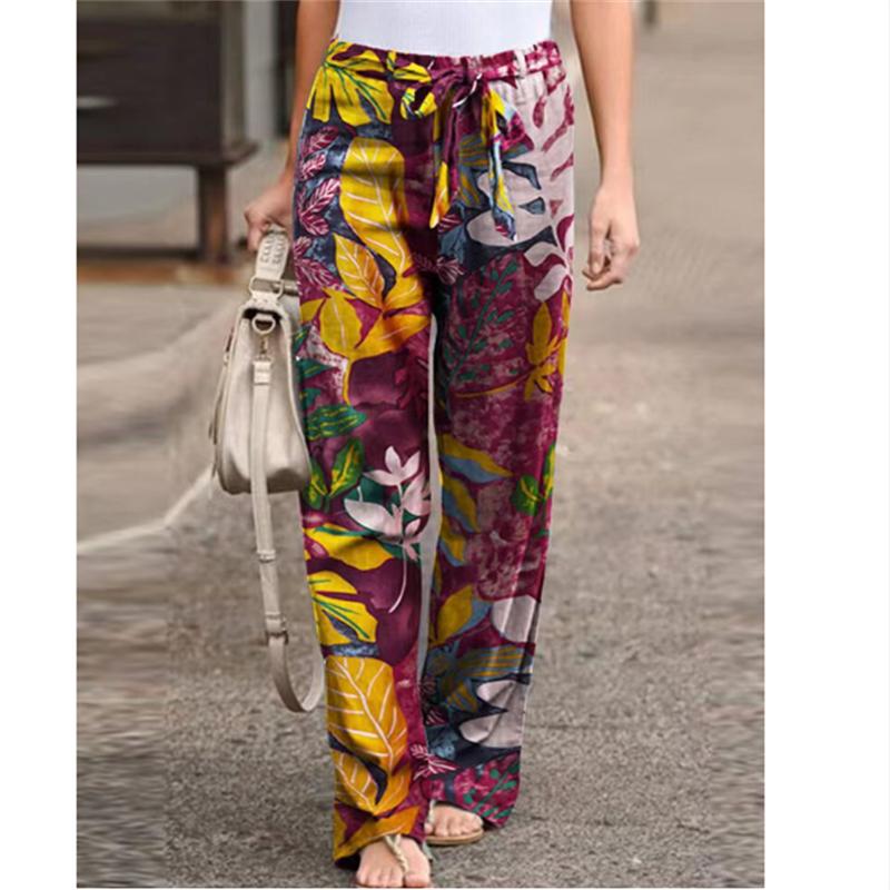 Повседневные удобные женские длинные широкие брюки из хлопка и льна с принтом и эластичной резинкой на талии