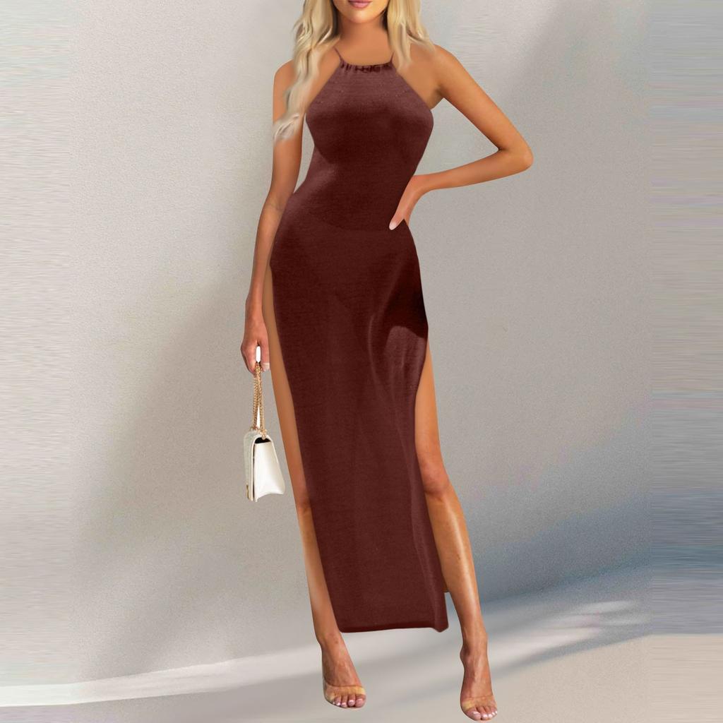 Женское платье с высоким разрезом и подтяжками, вязаное платье с воротником, летнее платье, сарафан без рукавов, платья-майки, пляжное платье