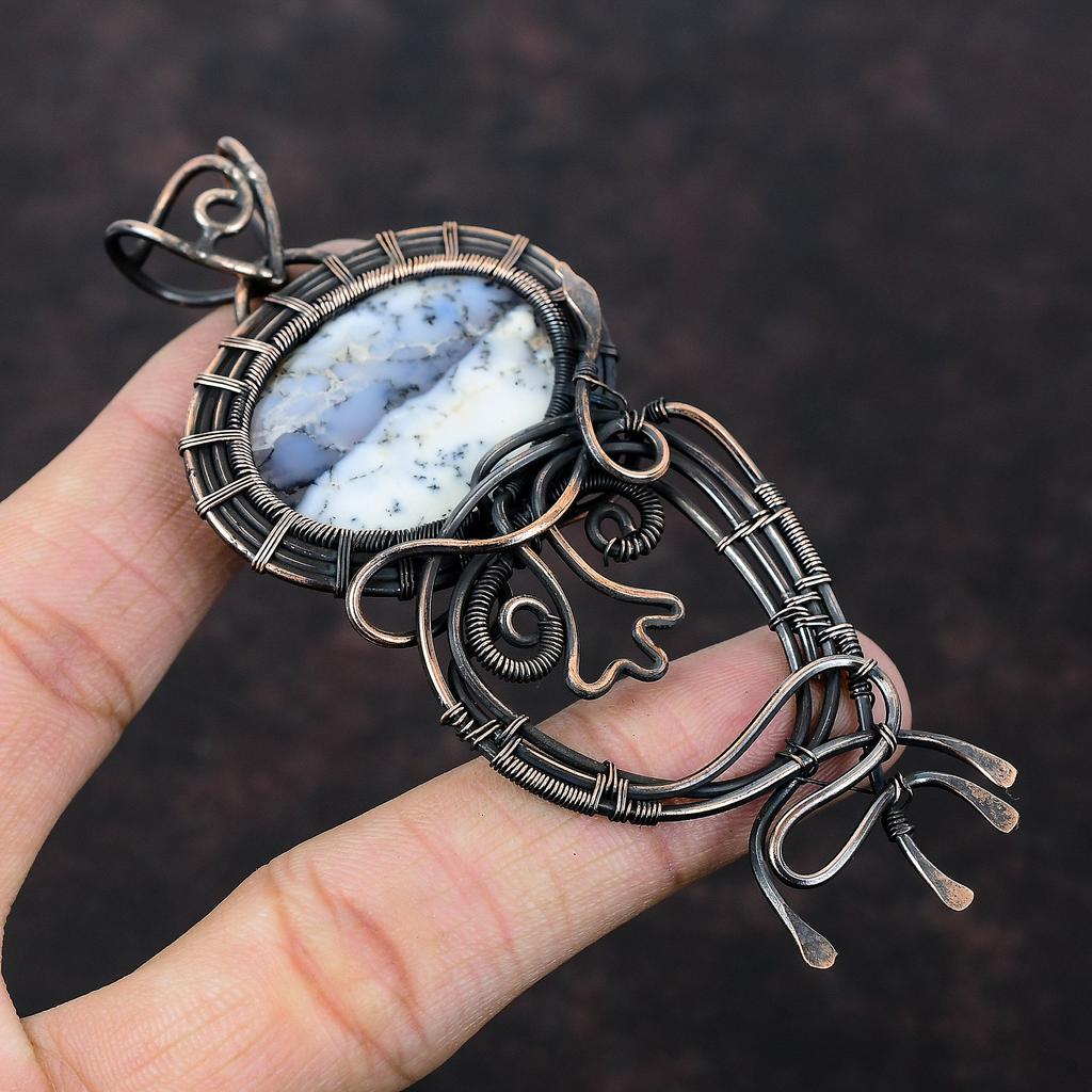 Подвеска из опала дендрита, подвеска из медной проволоки, изящная подвеска из драгоценного камня, ювелирное изделие из медной проволоки, подарок для него, подвеска ручной работы, дизайнерская подвеска