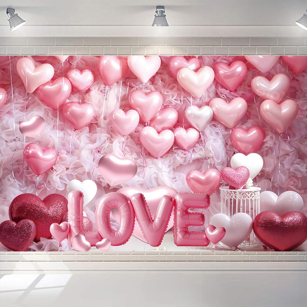 Valentines Day Theme Backdrop Pink Brick Wall Red Rose Flower Love Heart Balloon Party Decoration Portrait Photo Booth Props