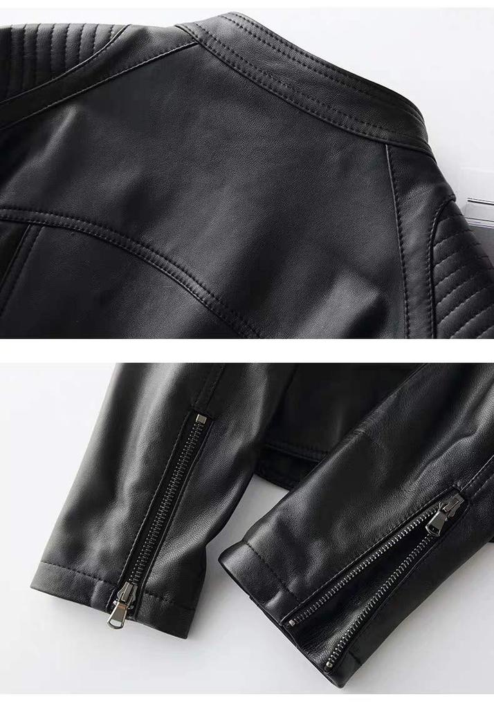 JINLUN Кожаная куртка-косуха со стойкой из ягненка, облегающая, для весеннего дня, женская, большого размера, воротник, кожа, посадка, кожа, черный, подарок маме, (Л, Черный)