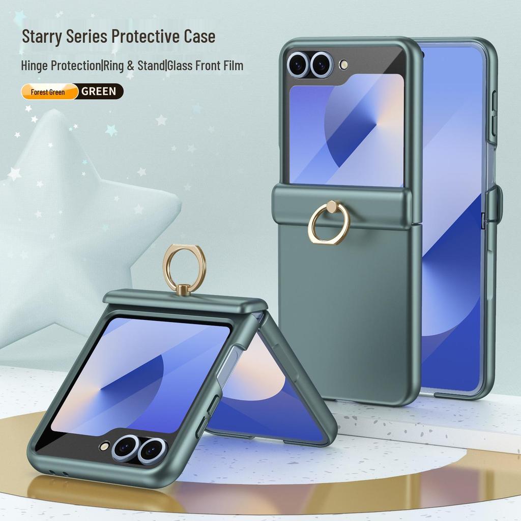 Противоударный чехол для телефона Samsung Z Flip7/6/5 с кольцом-подставкой на 4/3 пальца и пленкой с полным покрытием