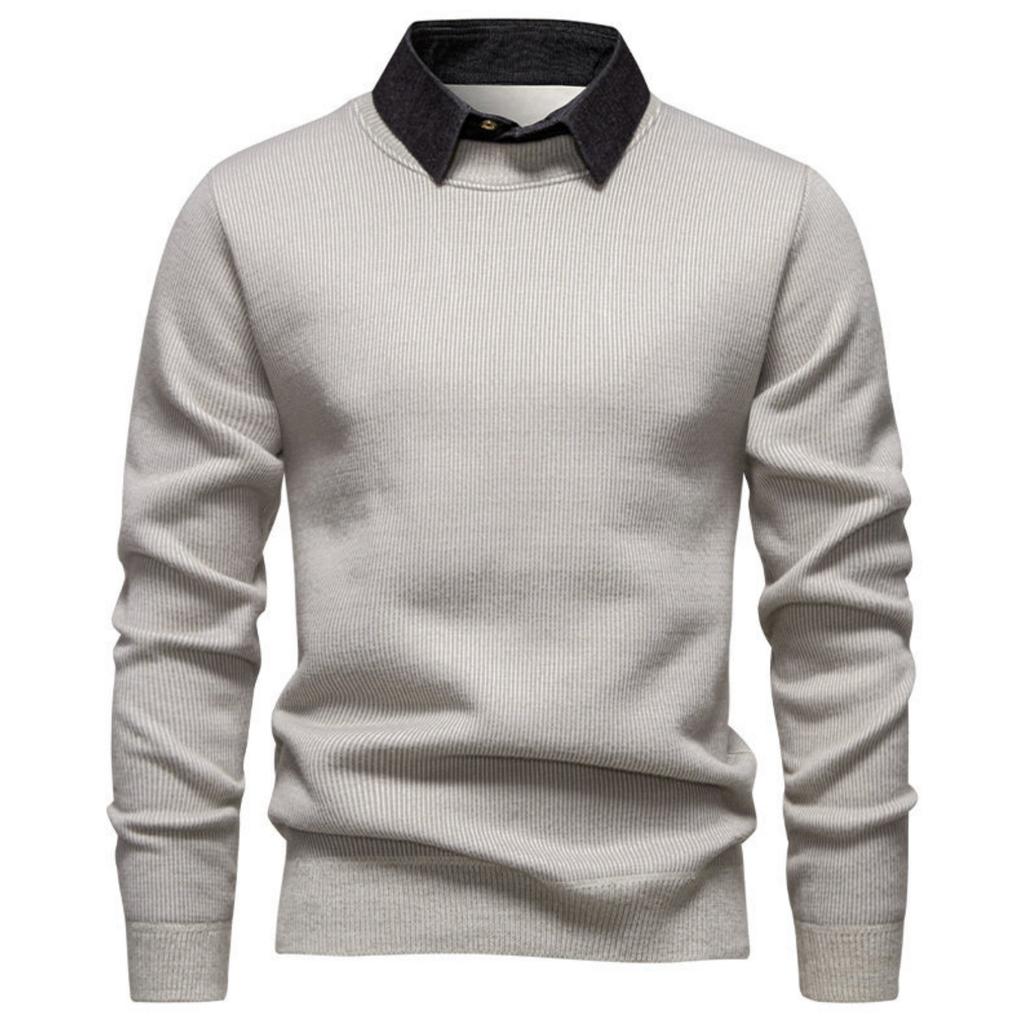 Men's Casual Patchwork Fake Two-piece Knitted Inner Sweater, Men's Warm Lapel Shirt Sweater
