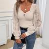 Spring and Autumn Long Sleeve Square Neck Solid Color Top Knitted Lace Women's T-shirts