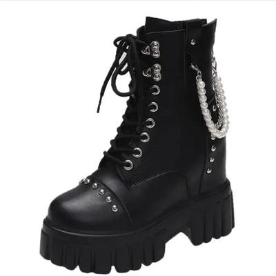 Модная женская обувь на высокой платформе, мотоциклетные ботинки, зимние ботинки до середины икры на клиновидном каблуке 10 см, женские массивные кроссовки, осенняя кожаная обувь для женщин