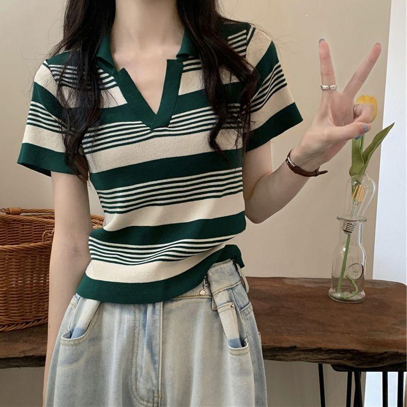 Дизайнерский смысл, нишевый летний свитер с воротником-поло, полосатой футболкой с короткими рукавами, короткий трикотажный топ из ледяного шелка для женщин