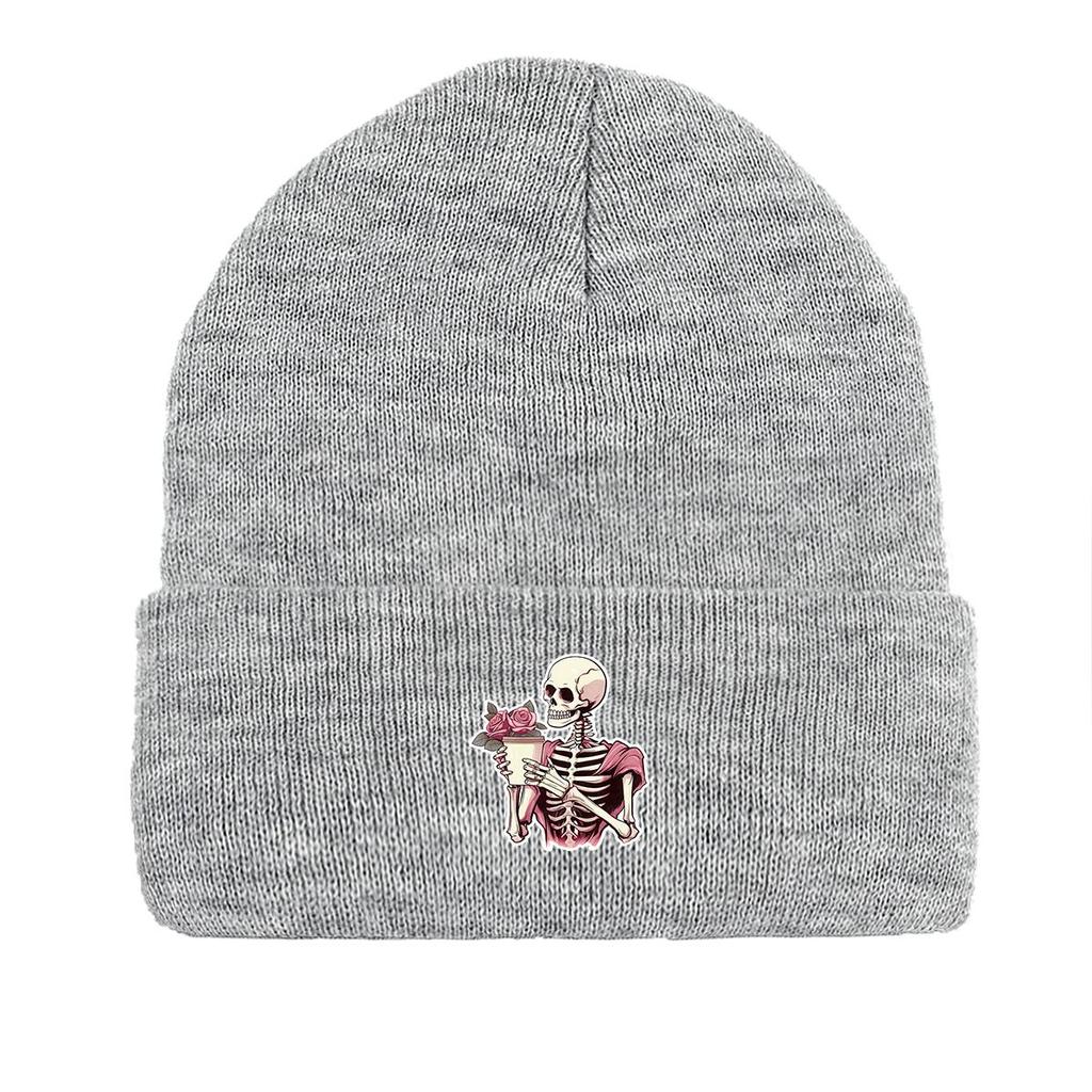Skeleton Flower Print Knitted Hat Beanie, Woman Cap Windproof Lightweight Sporting Headwear Knit Cap Beanie