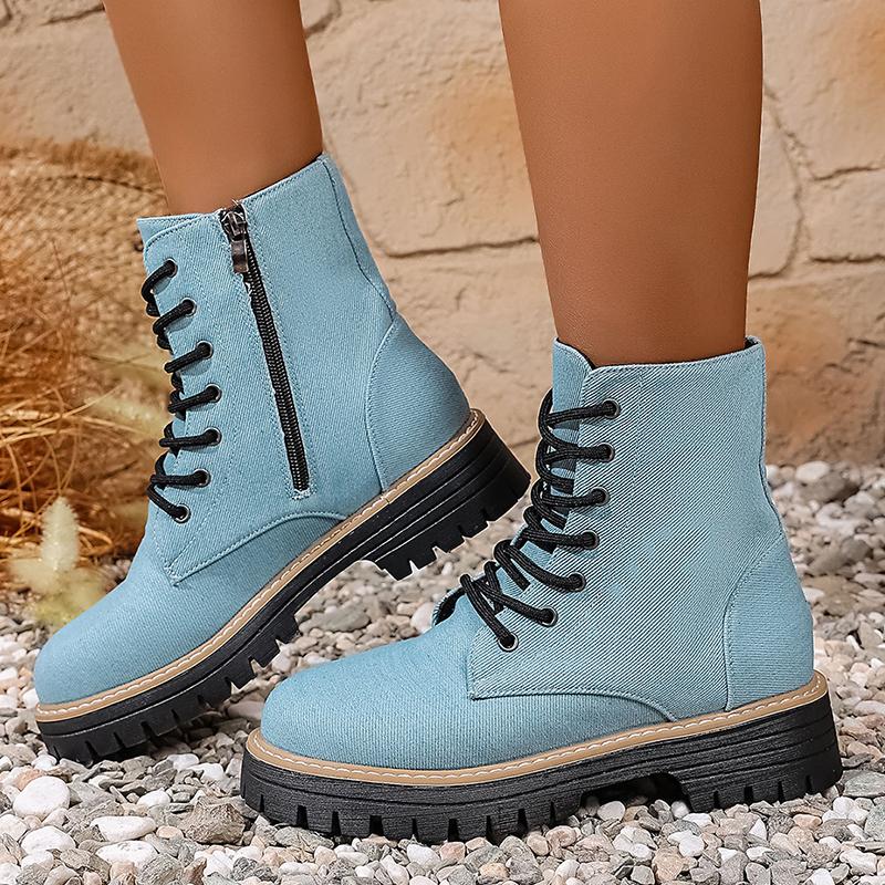Модные светло-голубые джинсовые ботильоны на платформе для женщин, шнуровка, нескользящие ботинки в стиле милитари, женские осенне-зимние модные короткие ботинки, большие размеры