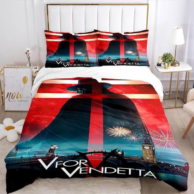 3pcs V for Vendetta Bedding Set, Soft Polyester Duvet Cover and Pillowcases Machine Washable Seasons all suitable & Guest Room Decor215