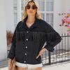 2024 Spring Women's Black Denim Jacket with Rivet & Tassel Details