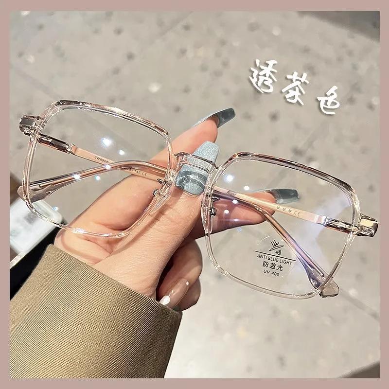 Large frame ultra-light cold brown glasses frame female anti-blue light flat mirror can be matched with degree, big face and thin