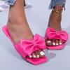 Модные женские тапочки Розовые кожаные плоские тапочки для женщин Летние сандалии с квадратным носком и бантом Женские шлепанцы Уличные нескользящие пляжные тапочки