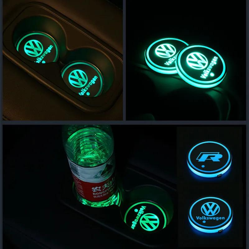 2026 Hot For VW VOLKSWAGEN New 7 Color LED Car Cup Holder Light Luminous Coaster Water Cup Pad For VW Volkswagen Polo Jetta Golf