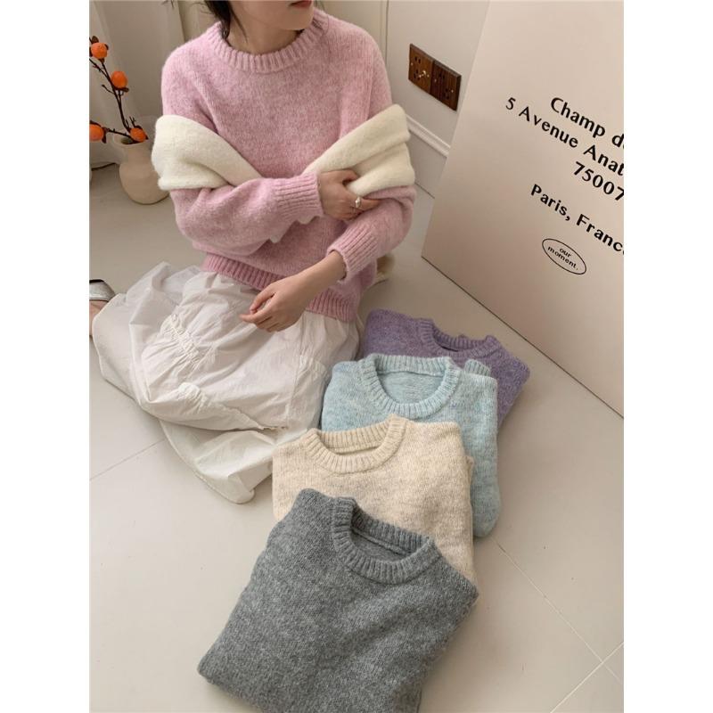 Женский осенне-зимний нежный пуловер с круглым вырезом, свободный вязаный джемпер