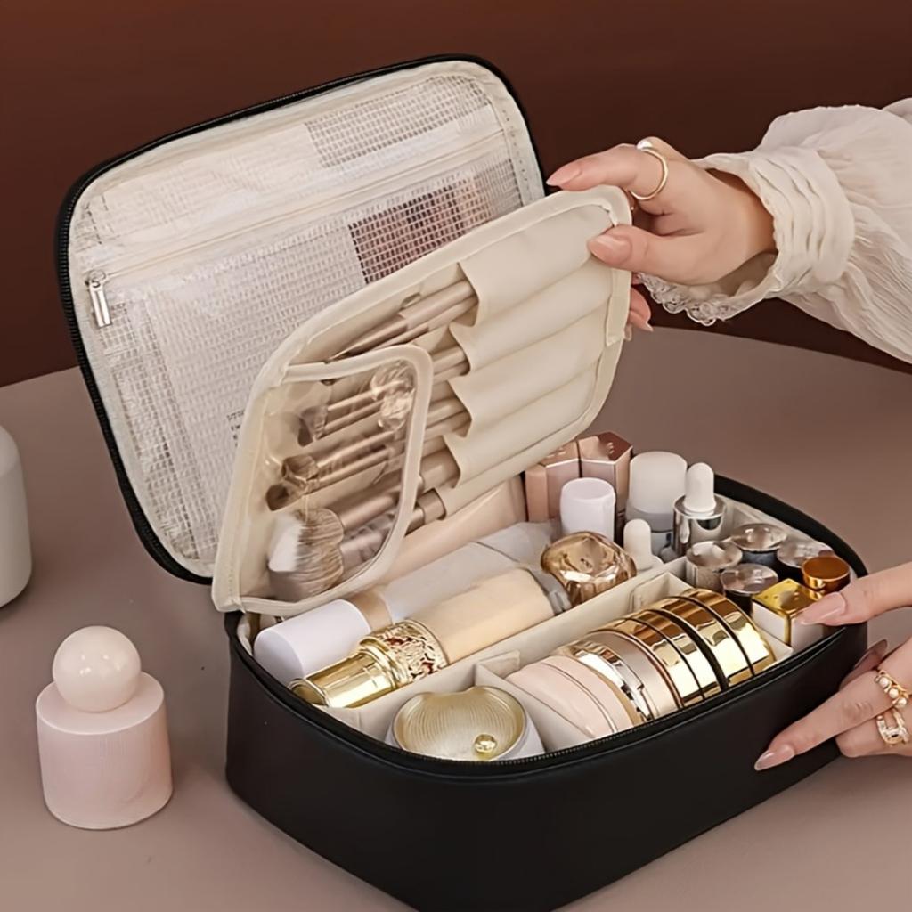 Multi Layer Large Capacity Detachable Makeup Bag, Synthetic Leather Travel Cosmetics Storage Box, Versatile Portable Beauty Essentials Storage Bag