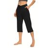 Women  Elastic High Waist 3/4 Pant Casual Active  Fit Wide Capris Leg Pants Trousers With Pockets