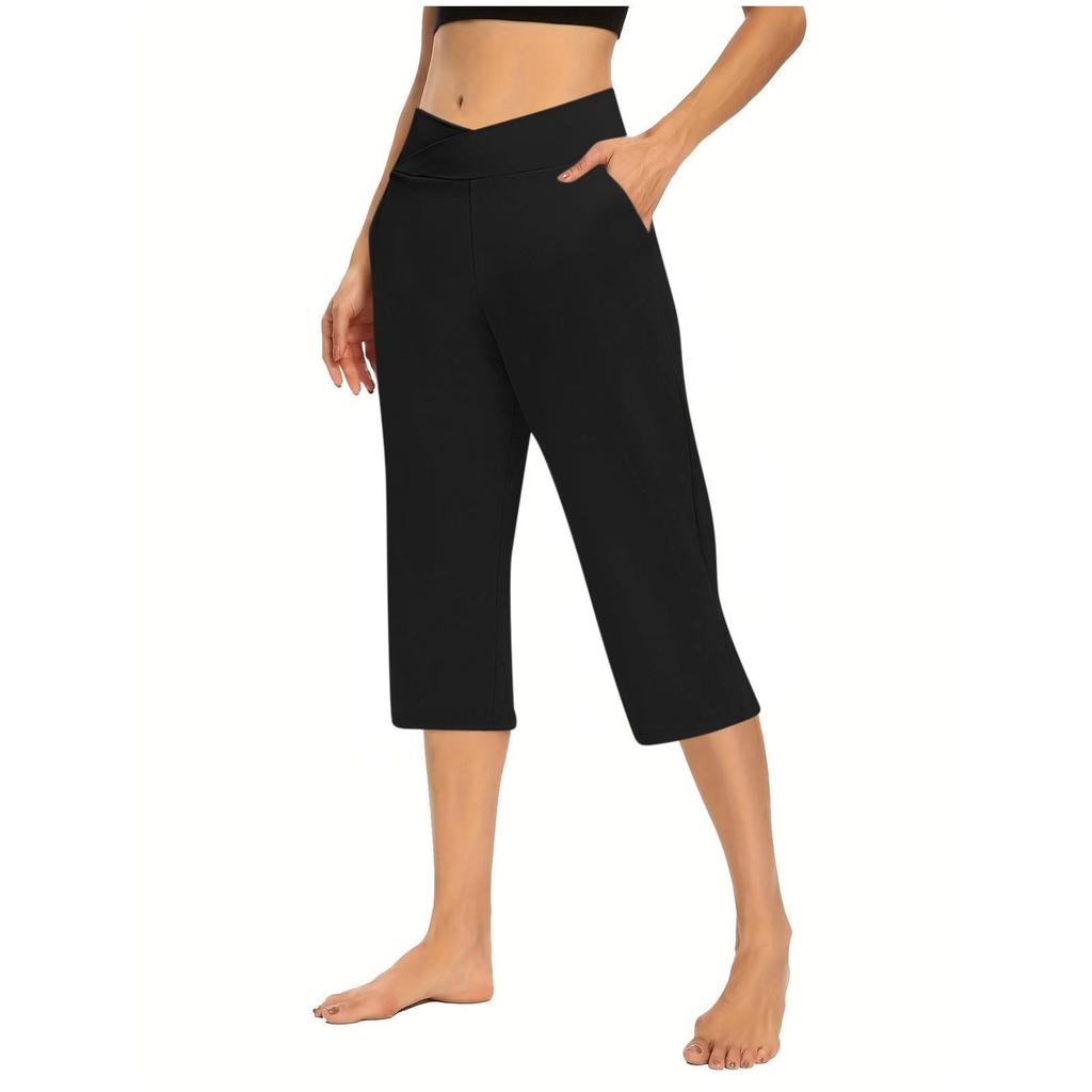 Women  Elastic High Waist 3/4 Pant Casual Active  Fit Wide Capris Leg Pants Trousers With Pockets