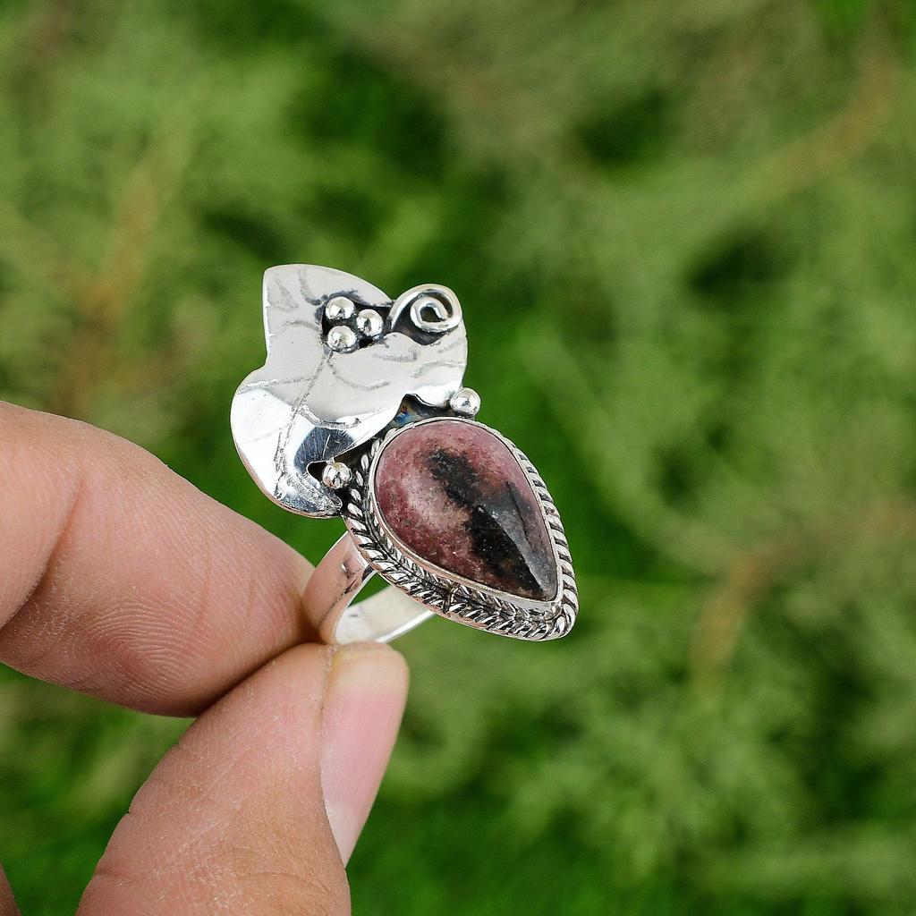 Wedding Gift For Her 925 Silver Natural Rhodonite Stackable Ring Size 7.75