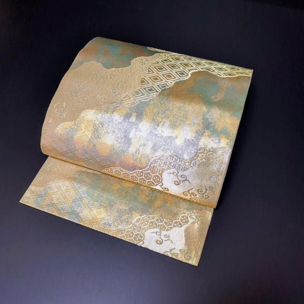 Used H-609 Fukuro obi, pure silk, six pieces, gold thread, cloud remover, cloisonn pattern
