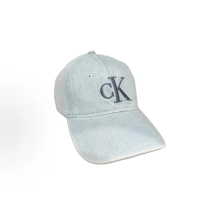 Calvin Klein  Allover Print Denim Baseball Cap, Large Contrast CK Monogram Embroidery Curved Brim Light Wash Vintage Casual Sun Hat 4G5048G-LHL