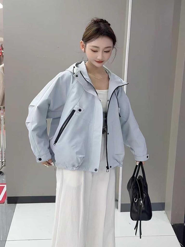 Женская куртка-ветровка с капюшоном свободного кроя - Универсальный корейский стиль, короткий дизайн на кулиске для весны и осени