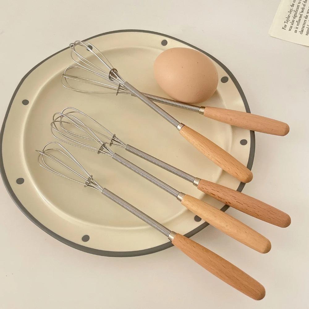Useful Mini Egg Whisk Wooden Handle Manual Egg Beater Stainless Steel Egg Beater Cooking