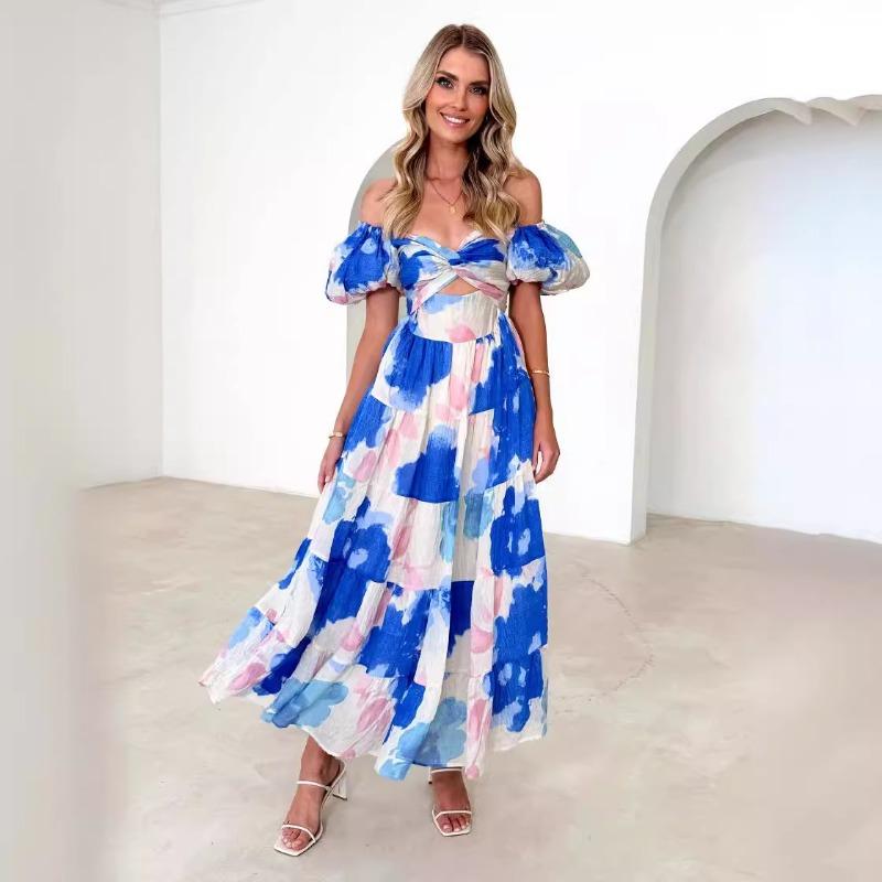Spring/summer New Temperament Slim-fit Print Puffed Sleeves Swing High-end Dress Woman Vacation Style Beach Style