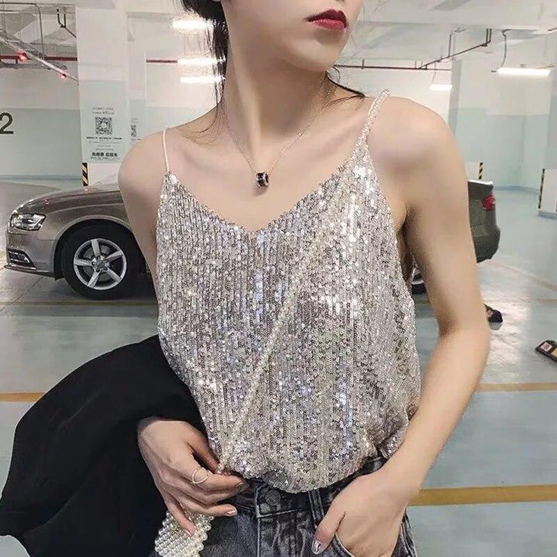 Женский свободный повседневный жилет-бретелька с блестками и блестящим блестящим базовым топом с V-образным вырезом