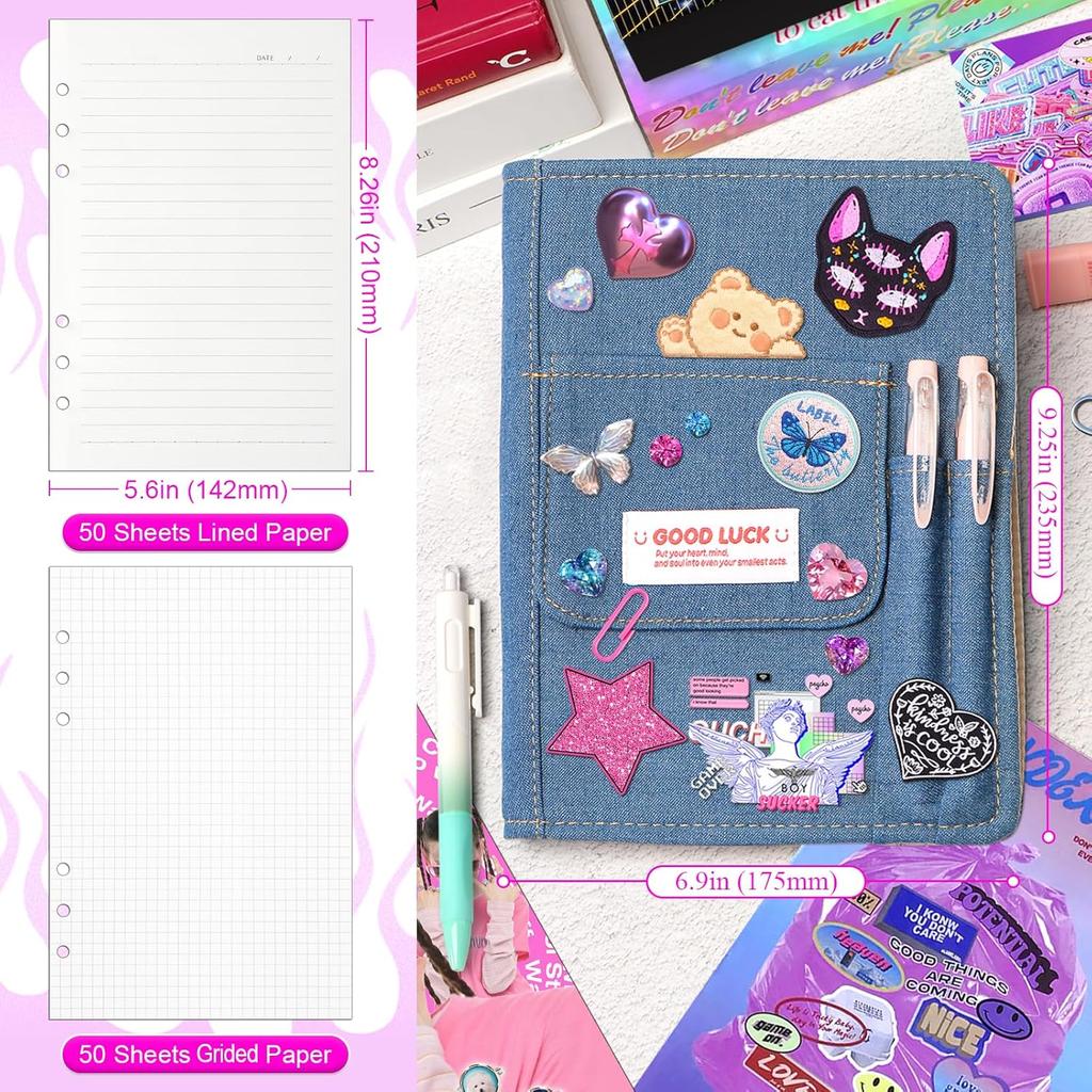 Denim Cover Notebook Binder A5 Size Y2K Kpop Loose Leaf Book With Pen Pocket 100 Sheets Line Grid DIY Diary Album
