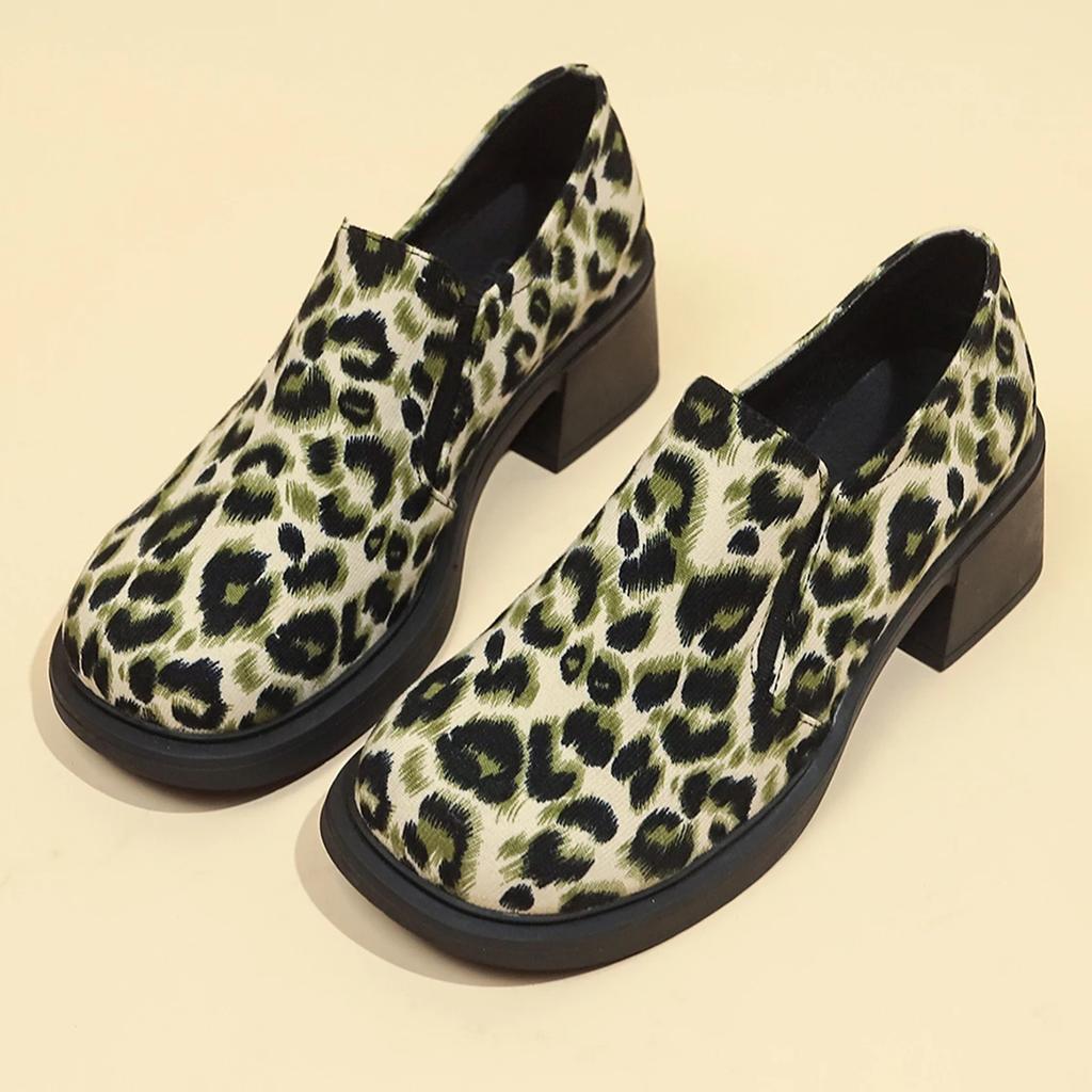 Весна 2025 Женские туфли на высоком каблуке Леопардовые лоферы Большой размер 36-42 Туфли-лодочки слипоны на толстом квадратном каблуке Женские готические туфли на толстой подошве