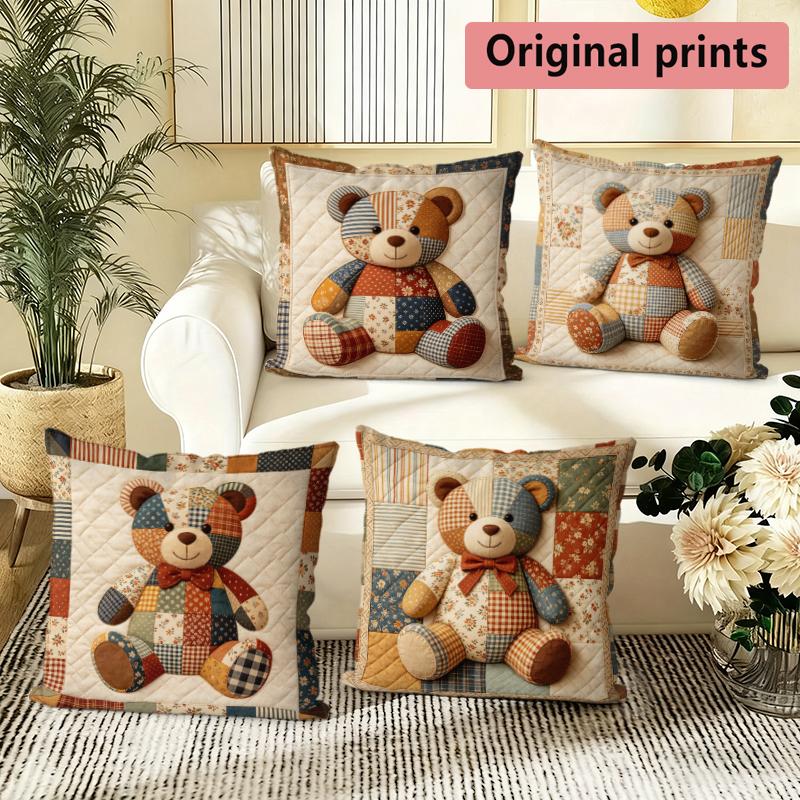 Vintage Patchwork Teddy Bear Throw Pillow Covers Pattern Cushion Cover Suitable For Sofa Bedroom Car Pillow Cover