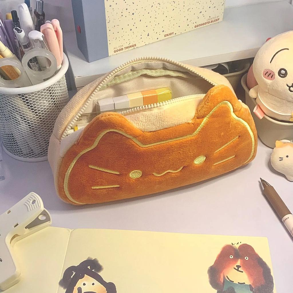 Cute Cat Caramel Bread Plush Pencil Bag Kawaii Student Large Capacity Stationery Bag Kitten Pencil Pouch Back To School Supplies