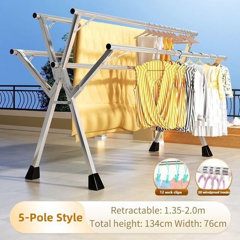 Сушилка для одежды из нержавеющей стали, бытовая складная вешалка-стойка, балконная, 5-полюсная, выдвижной инструмент для сушки одежды