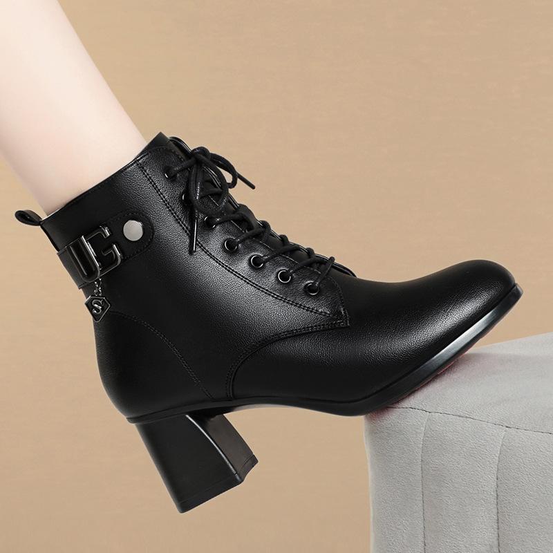 Women Soft Leather Ankle Boots Antumn Winter Women Plush Fur Warm Shoes British Style Lace Up Female High Heel Short Boots