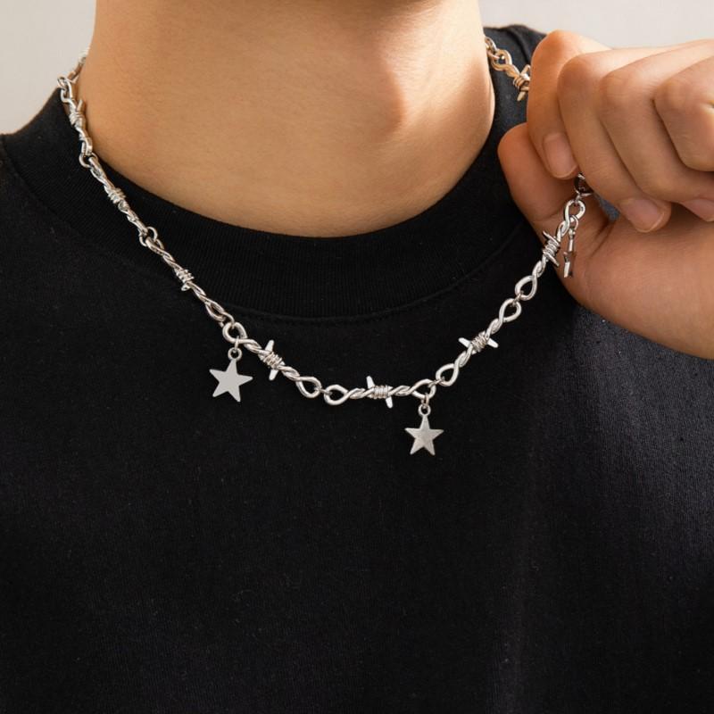 Серебристая necklace с пентаграммой-шипом для женщин мужчин Уличный Хип-хоп Звездные подвески Цепочка на ключицу Ювелирные изделия Подарки