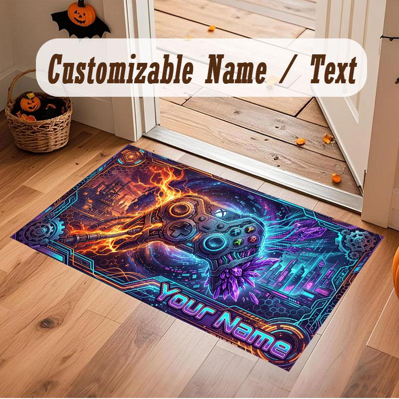 City Cyberpunk Theme Crystal Velvet Floor Rug Personalized Custom Name Text Warm Carpet Home Decoration