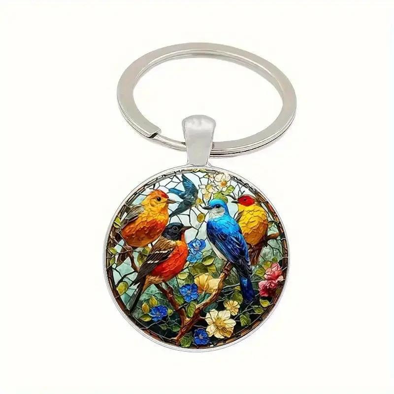 Watercolor Bird Group Glass Keyring With Alloy Material For Gift And Everyday Use