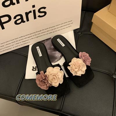 2024 Новые летние тапочки для женщин, повседневные серебристые пляжные сандалии с цветочным принтом, женская обувь, шлепанцы с квадратным носком и низким каблуком для комфорта