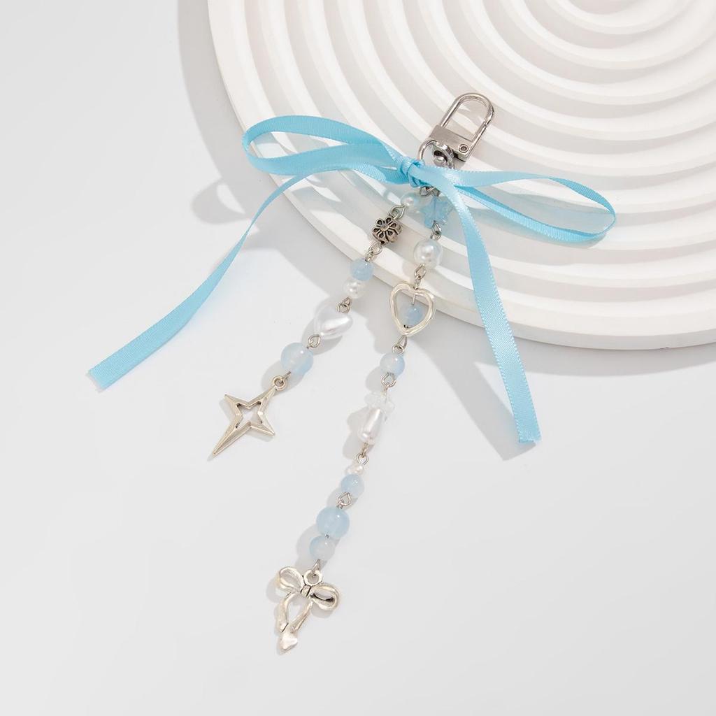 Милый и прохладный брелок с жемчужной цепочкой в форме персикового сердца и подвеской в виде ленты-банта