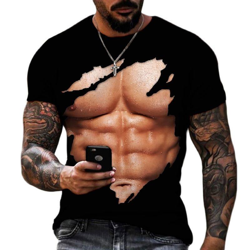 Fashion Muscle Graphics T-shirts Summer Trend Short Sleeve Mens 3D Tear Printed T Shirts Casual Streetwear Oversized Tees Tops