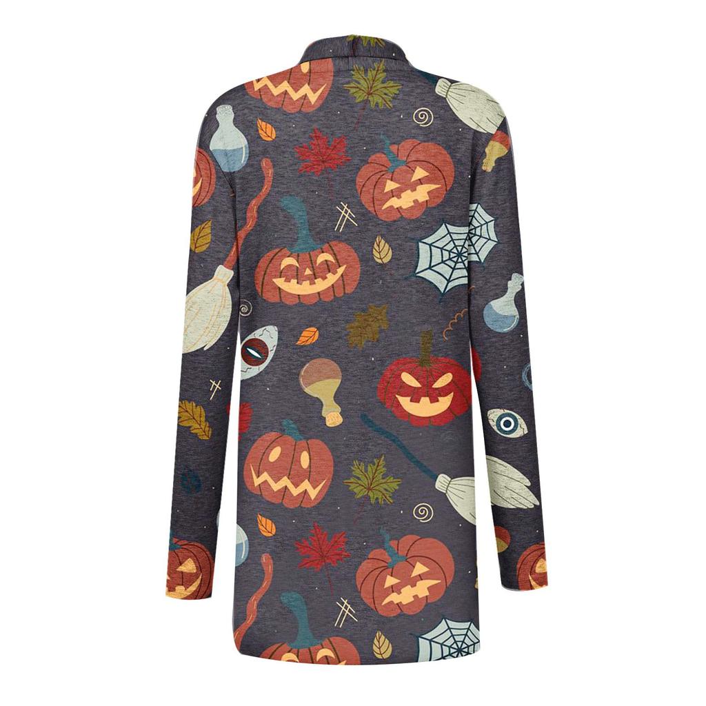 Женская мода, повседневный кардиган с принтом на Хэллоуин, средней длины, с длинными рукавами, пальто