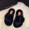 2024 New Casual Buckle One Word Fluffy Slippers Solid Color Home Fashion Outside Wear Cotton Drag
